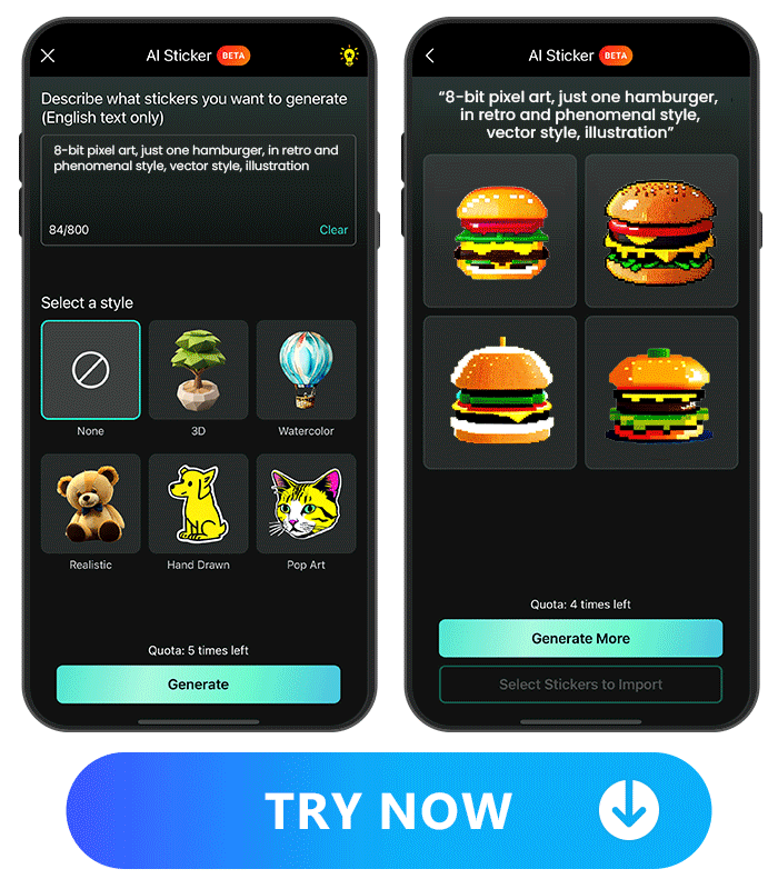 AI sticker UI of PhotoDirector at left and preview logos in 4 different styles at right